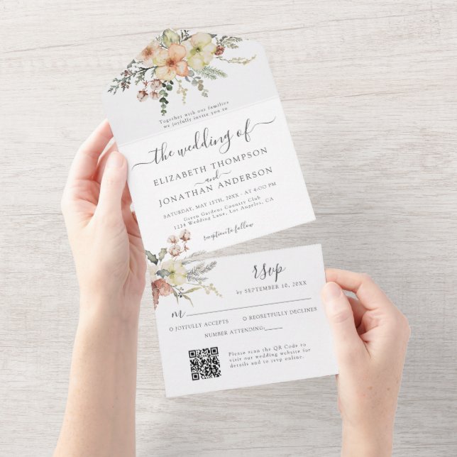 Beige Gold Christmas QR RSVP Winter Floral Wedding All In One Invitation (Tearaway)