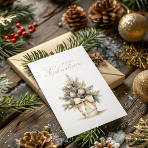 Beige Gold Christmas Tree Watercolor Custom Photo Holiday Card