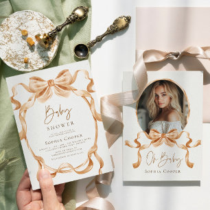Beige & Gold Coquette Bow Photo Baby Shower Invitation