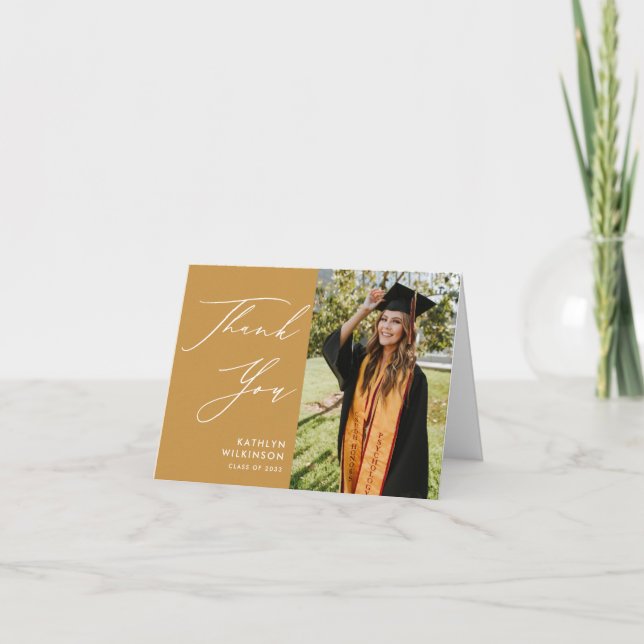 Beige Gold Elegant Script Minimalist Graduation Thank You Card (Front)