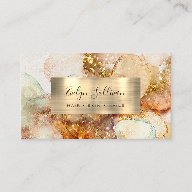 beige gold glitter watercolor business card (Front)