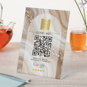 Beige Gold Google Reviews Business Link QR Code   Pedestal Sign