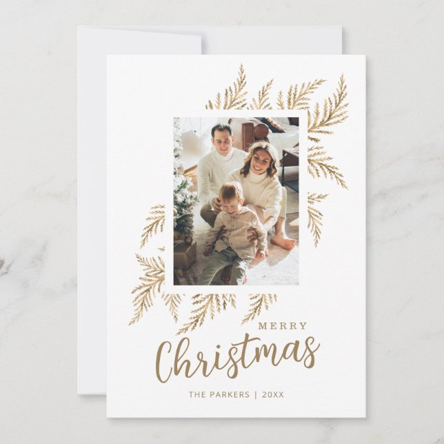 Beige Gold Leave Family Photo Merry Christmas Card (Front)