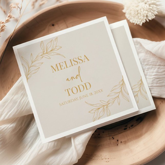 Beige Gold Minimal Minimalist Branch Leaf Wedding Napkin (Creator Uploaded)