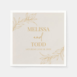 Beige Gold Minimal Minimalist Branch Leaf Wedding Napkin
