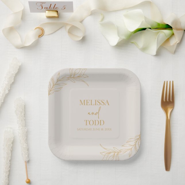 Beige Gold Minimal Minimalist Branch Leaf Wedding Paper Plate (Wedding)