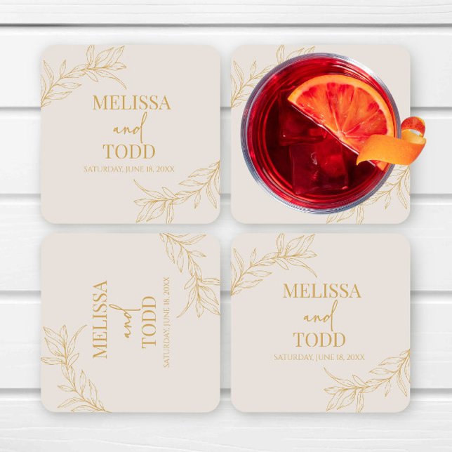 Beige Gold Minimal Minimalist Branch Leaf Wedding Square Paper Coaster (Creator Uploaded)