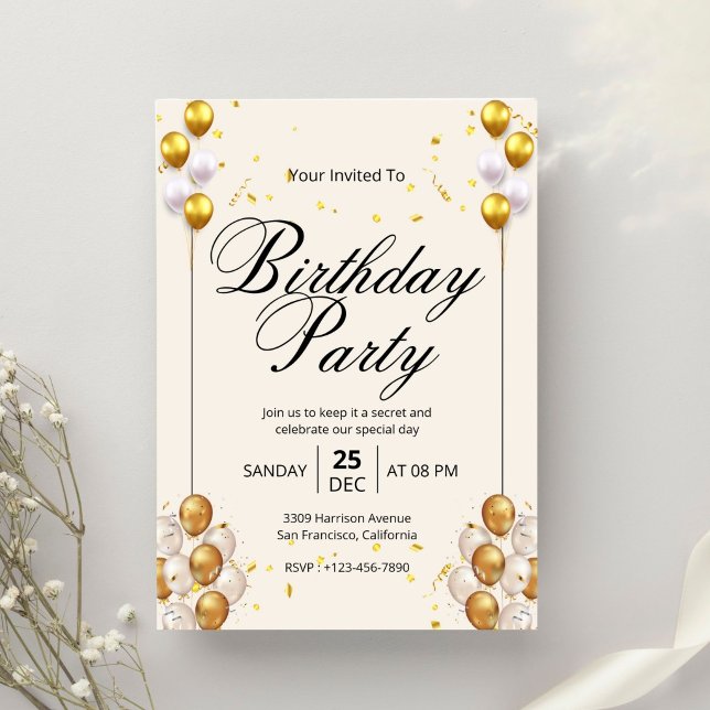 Beige Gold Modern Birthday Party Invitation (Creator Uploaded)