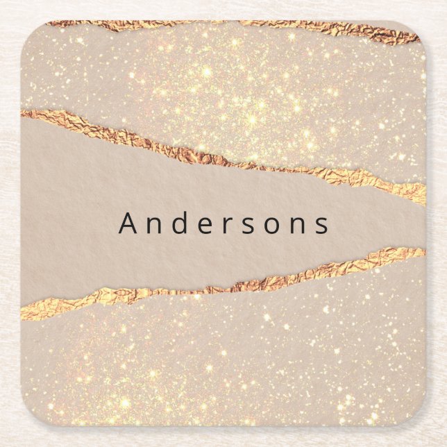 Beige gold name modern square paper coaster (Front)