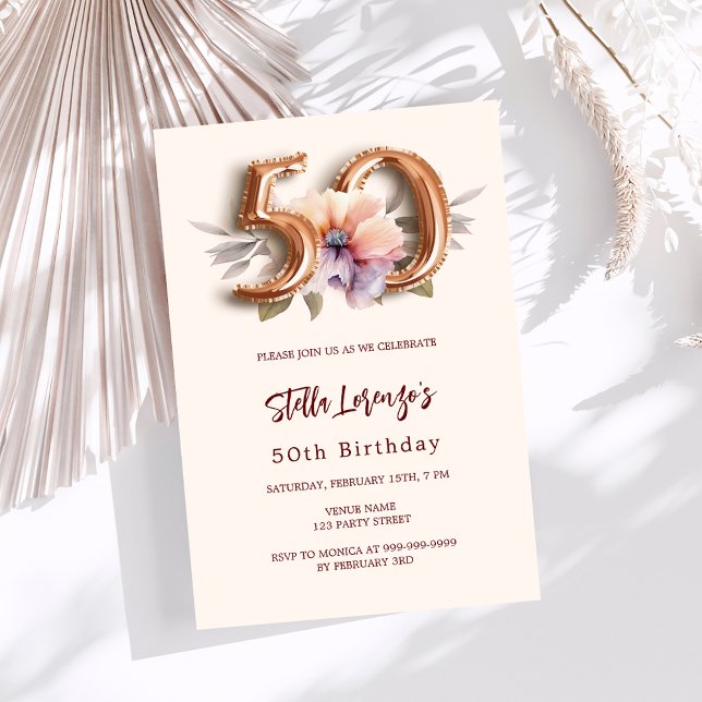 Beige gold peach floral 50th birthday luxury invitation (Creator Uploaded)