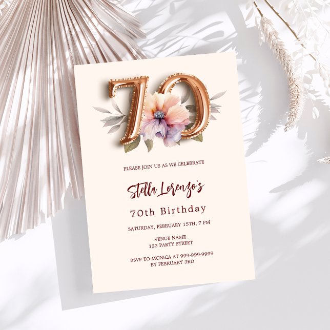 Beige gold peach floral 70th birthday invitation (Creator Uploaded)