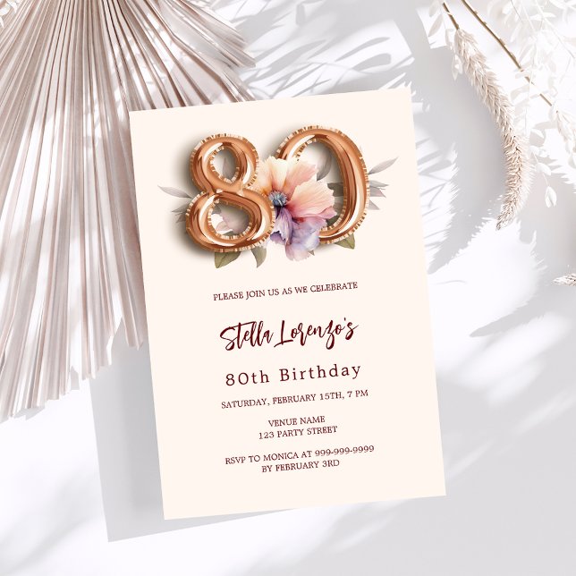 Beige gold peach floral 80th birthday invitation (Creator Uploaded)