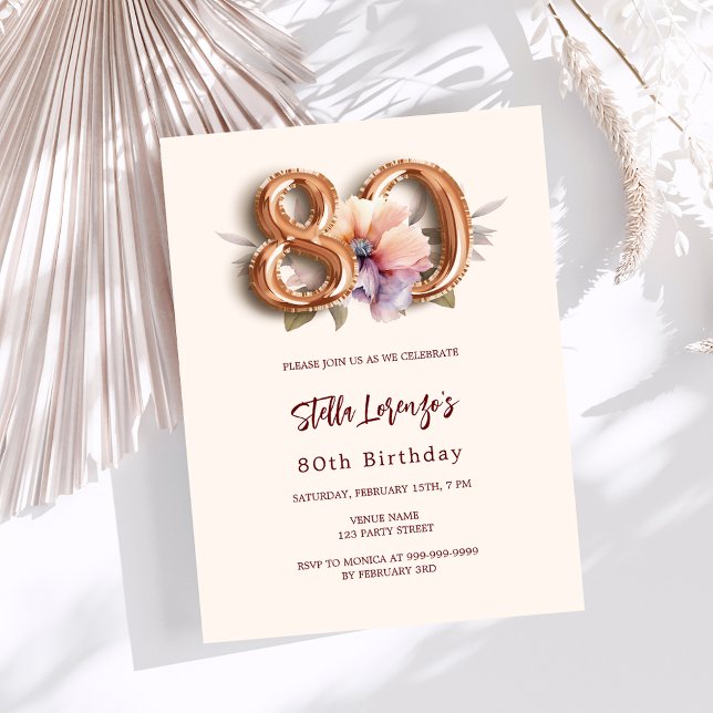 Beige gold peach floral 80th birthday invitation (Creator Uploaded)