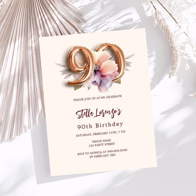 Beige gold peach floral budget 90th birthday (Creator Uploaded)