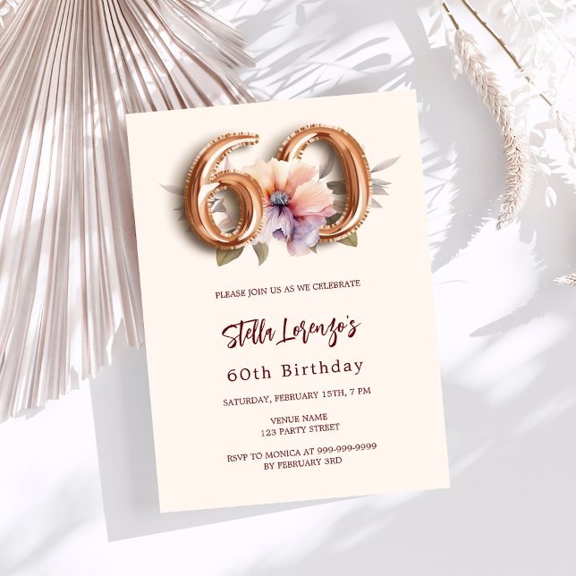 Beige gold peach floral luxury 60th birthday invitation (Creator Uploaded)