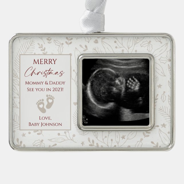 Beige, Gold & Red New Baby Ultrasound Photo Silver Plated Framed Ornament (Front)