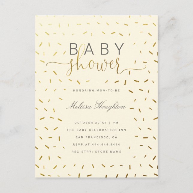 Beige & Gold Sprinkle Gender Neutral Baby Shower Invitation Postcard (Front)
