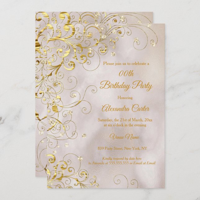 Beige Gold Swirl Glitter Birthday Party Invitation (Front/Back)