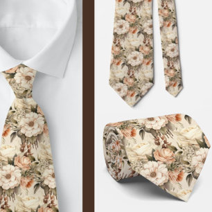 Beige Gold Tan Ivory White Watercolor Floral Tie