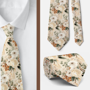 Beige Gold Tan Ivory White Watercolor Floral Tie