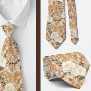 Beige Gold Tan Ivory White Watercolor Floral Tie