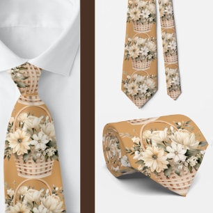 Beige Gold Tan Ivory White Watercolor Floral Tie