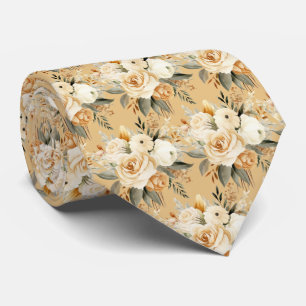 Beige Gold White Roses Floral Flowers Neck Tie