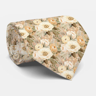 Beige Gold White Roses Floral Flowers Neck Tie