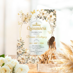 Beige Golden Tiara Floral Butterfly Quinceañera Acrylic Invitations