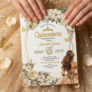 Beige Golden Tiara Floral Butterfly Quinceañera  Invitation