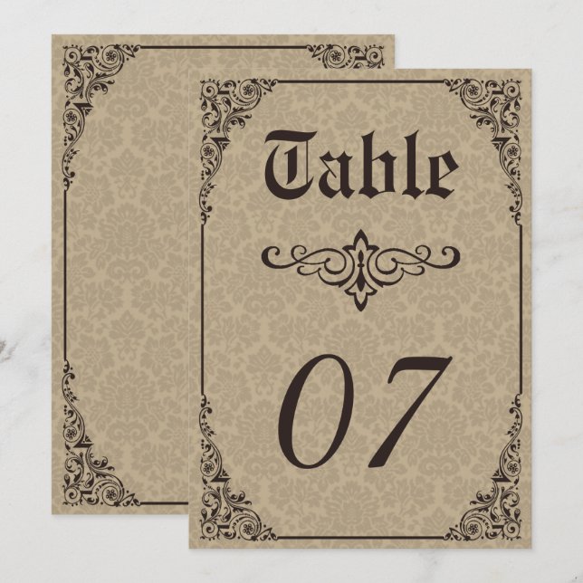 Beige Gothic Victorian Damask Wedding Table Number (Front/Back)