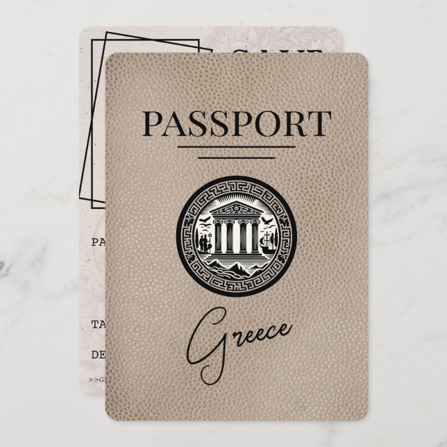 Beige Greece Passport Save the Date Card (Front/Back)