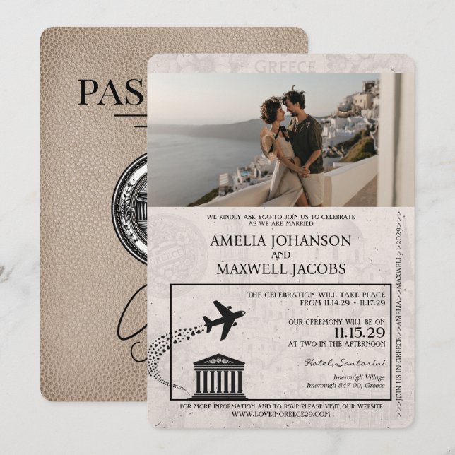 Beige Greece Passport Wedding Invitation (Front/Back)