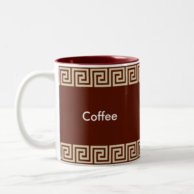 Beige Greek Pattern on Brown Reddish Two-Tone Coffee Mug (Left)