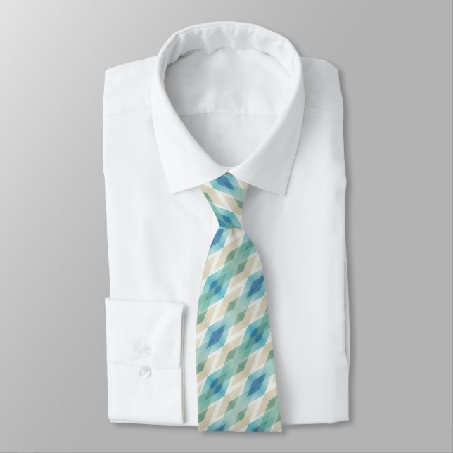 Beige Green Blue White Teal Rhombuses Pattern  Tie (Tied)