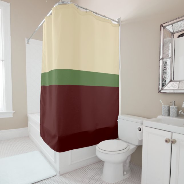 Beige, Green, Burgundy Colorblock Stripes Shower Curtain (In Situ)