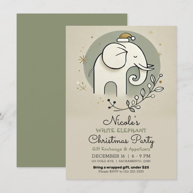 Beige Green Gold White Elephant Christmas Party Invitation (Front/Back)