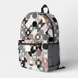 Beige Green Grey Black Midcentury Circles Pattern Printed Backpack