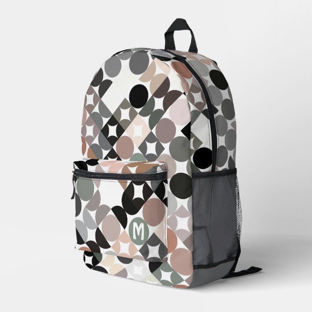 Beige Green Grey Black Midcentury Circles Pattern Printed Backpack (Back Corner Right)