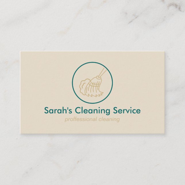 Beige Green Household Broom Cleaning Housekeeper Business Card (Front)