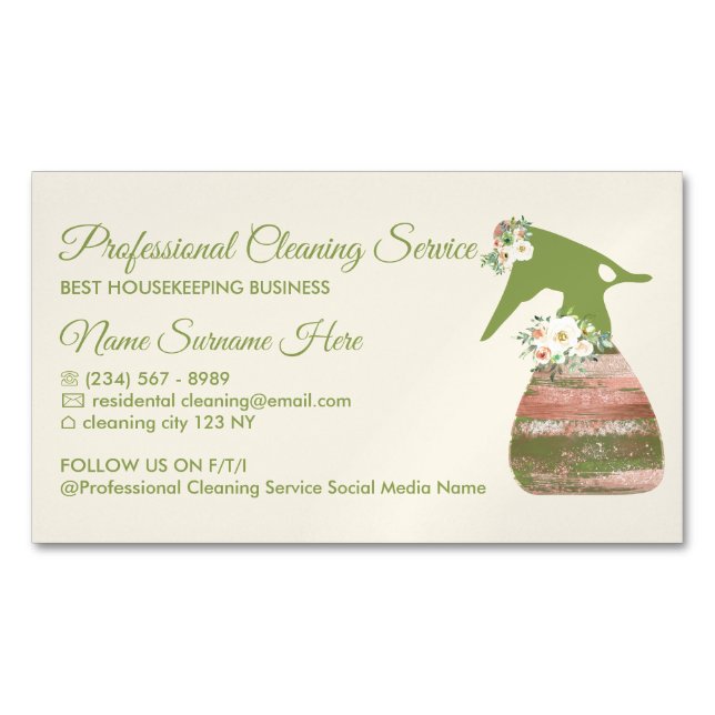 Beige Green Maid Spray Flower Cleaning Magnetic Business Card (Front)