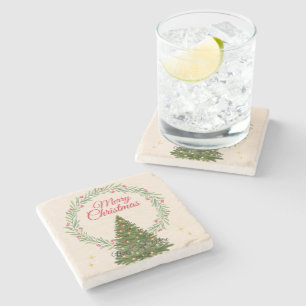 Beige & Green Minimalist Elegant Merry Christmas Stone Coaster