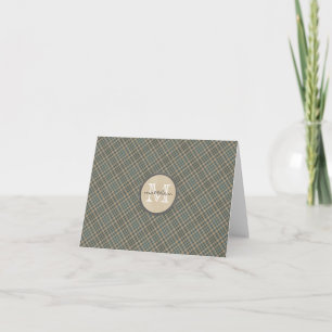 beige green plaid background monogram note card