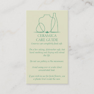 Beige Green Pottery Vase Ceramic Care Instruction Business Card