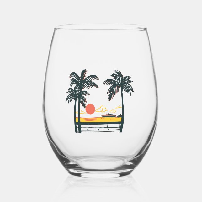 Beige Green Summer Beach Stemless Wine Glass (Front)