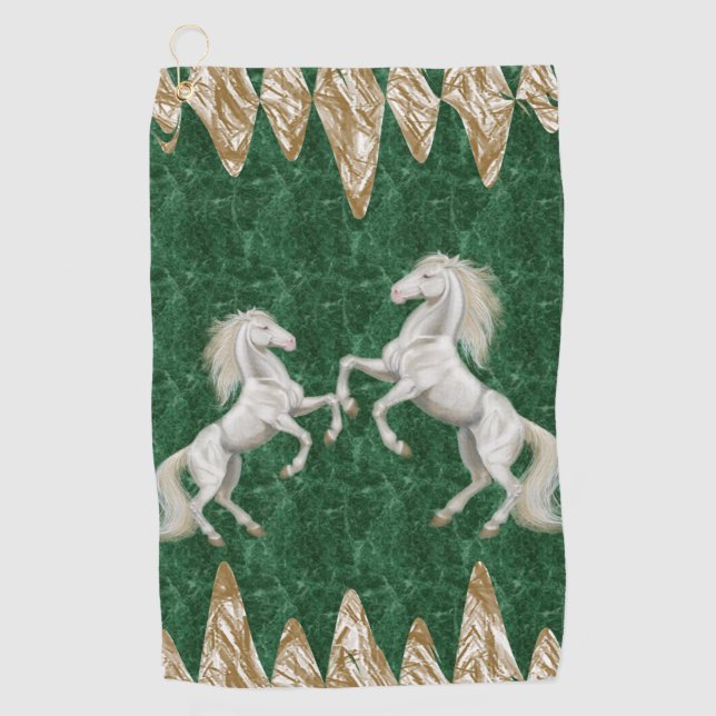 Beige Green White Horse Golf Towel (Front)