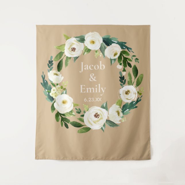 Beige Greenery Custom Wedding Photo Booth Backdrop Tapestry (Front)