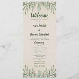 Beige Greenery Watercolor Elegant Wedding Program Programme