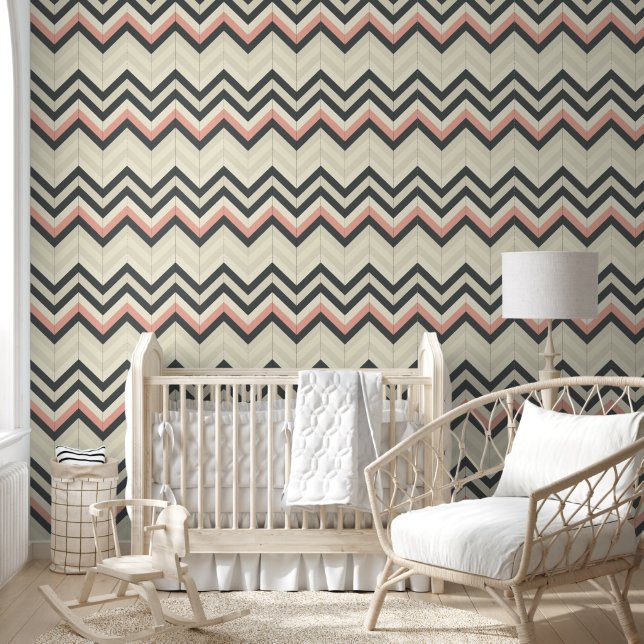 Beige Grey and Pink Chevron Pattern Wallpaper (Kids)