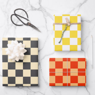 Beige + Grey Check Chequered Chequerboard Pattern Wrapping Paper Sheet